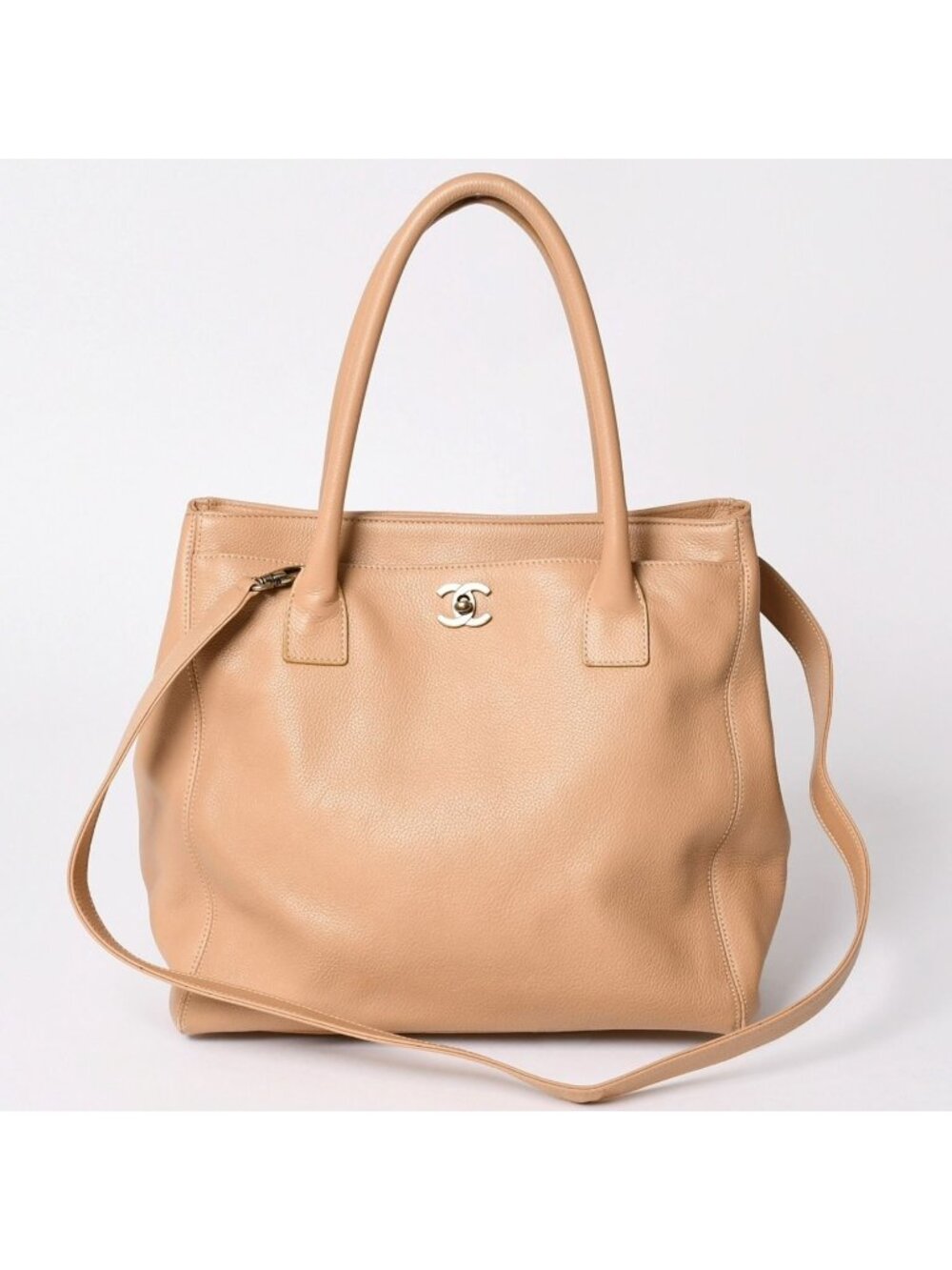Chanel Executive Tote Bag CC Logo Turnlock Calfskin Beige